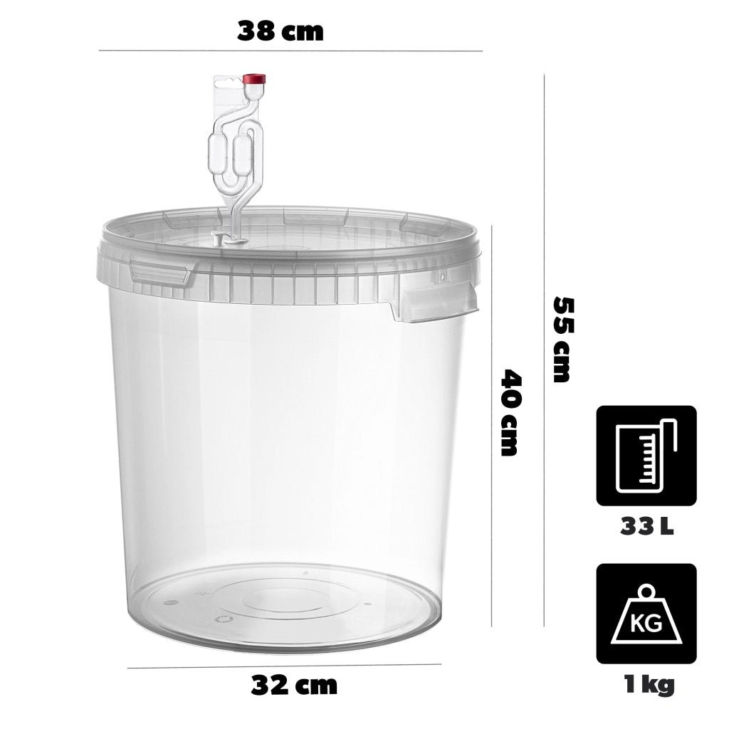Contenitore di fermentazione KADAX da 33 litri per vino, liquori, birra e sidro, con tappo in sughero.