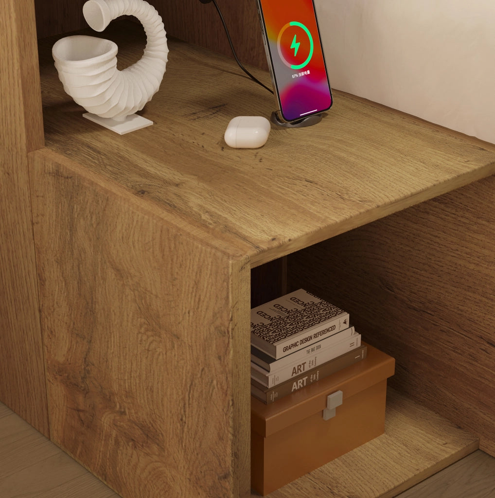 Letto contenitore 180x200 cm con LED, USB-C e comodini integrati in MDF e metallo, rovere