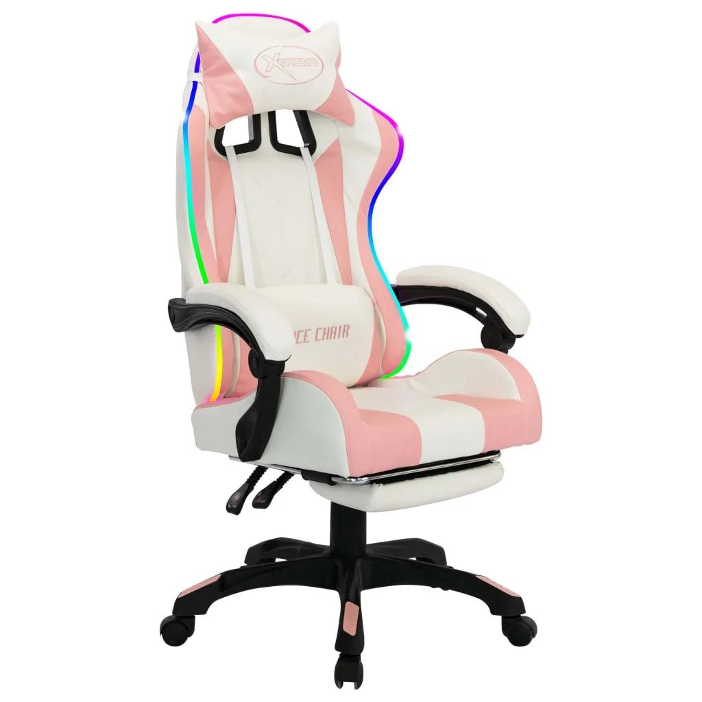 Sedia girevole da ufficio/studio per computer e videogiochi con illuminazione LED RGB rosa e similpelle rosa 02_0024211