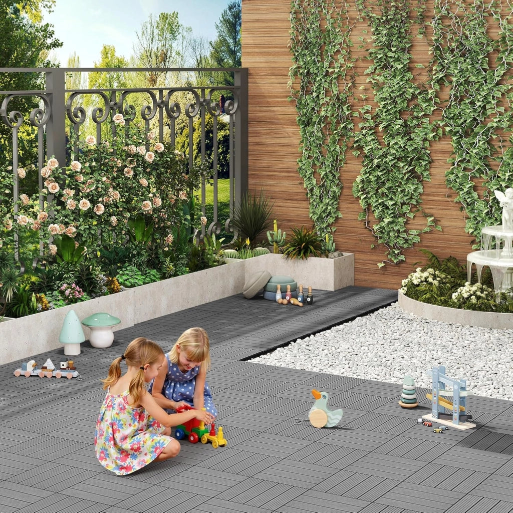 Piastrelle per Pavimenti da Esterno Balcone/Giardino/Terrazza Pavimentazione ad Incastro in WPC, Legno Composito, con 22 Pannelli da 30x30 cm Grigio Chiaro