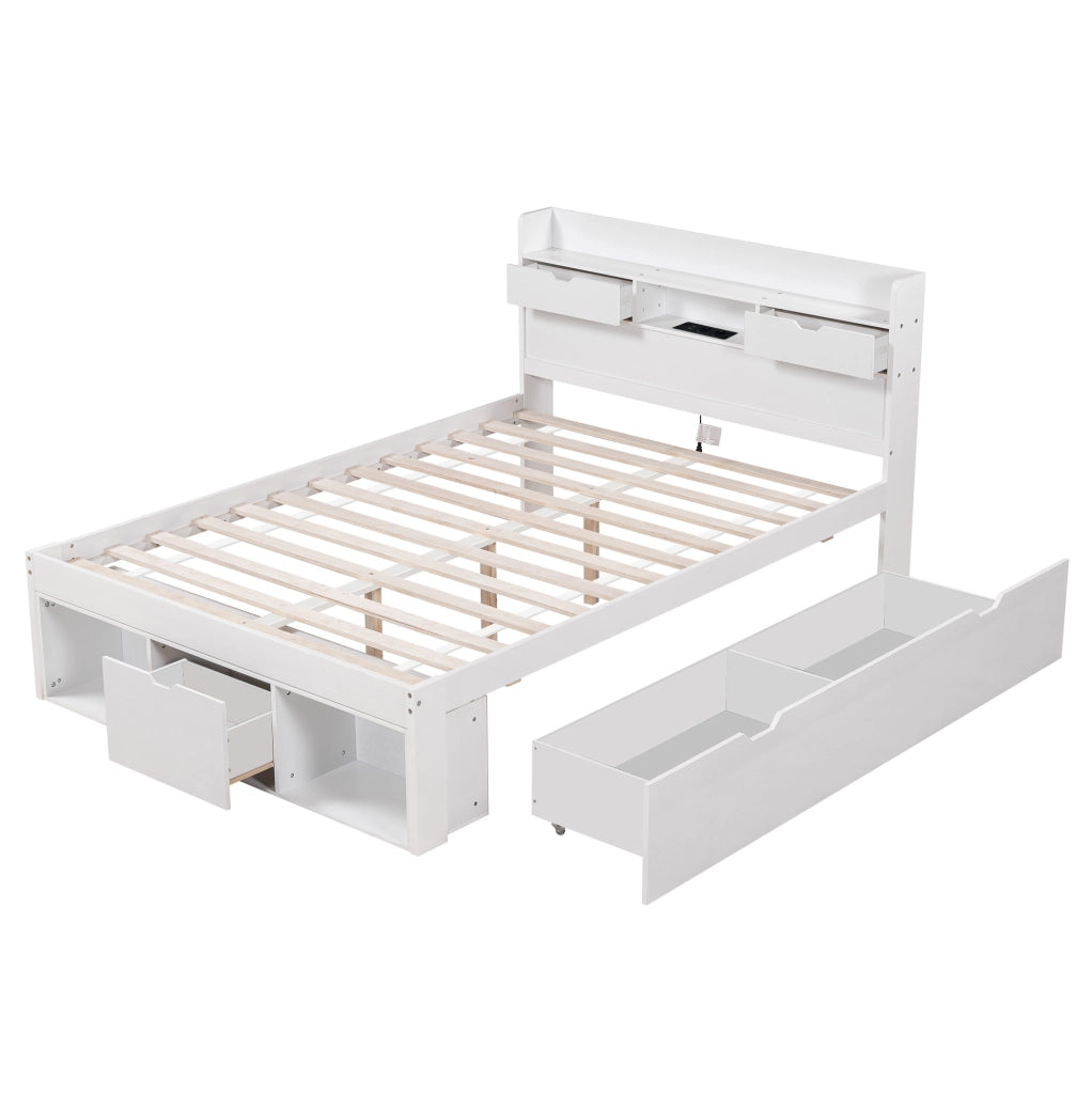 Letto 140x190 cm con USB; vani e cassetti; legno di pino e MDF bianco (Senza materasso)