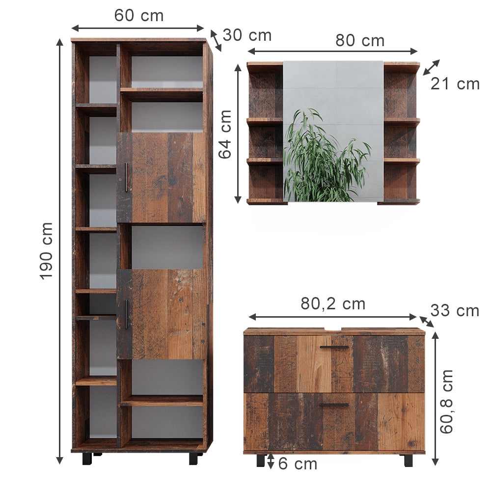 Vicco Set di mobili da bagno Rovere rustico 3 parti, con colonna
