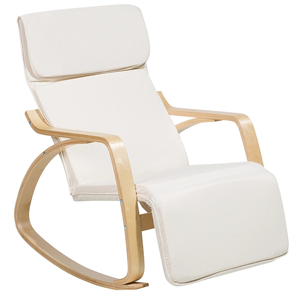 Sedia a dondolo in tessuto beige chiaro e legno di betulla con poggiapiedi regolabile