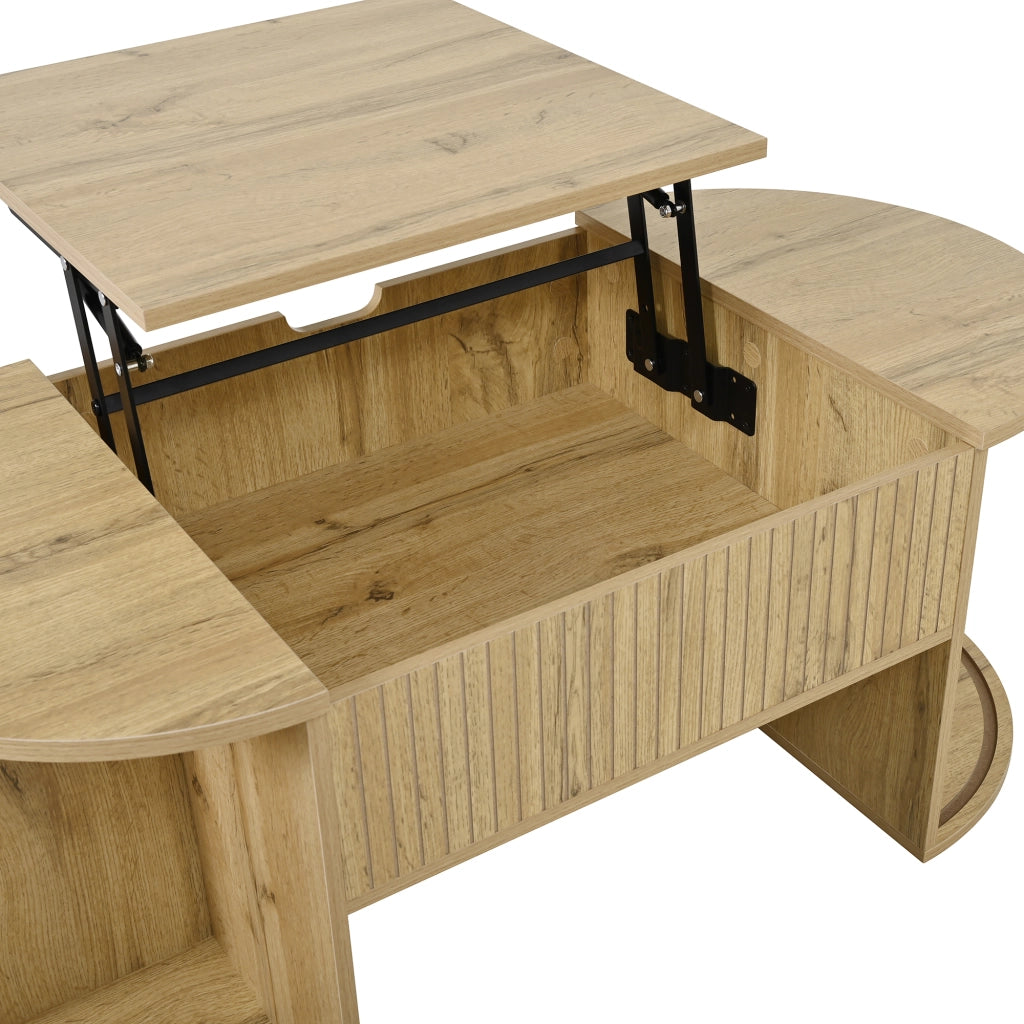 OKWISH Tavolino da Salotto Ovale con Piano Rialzabile, 2 Ante Scorrevoli e Ripiani Aperti, MDF, Rovere, 100×50×40,5 cm