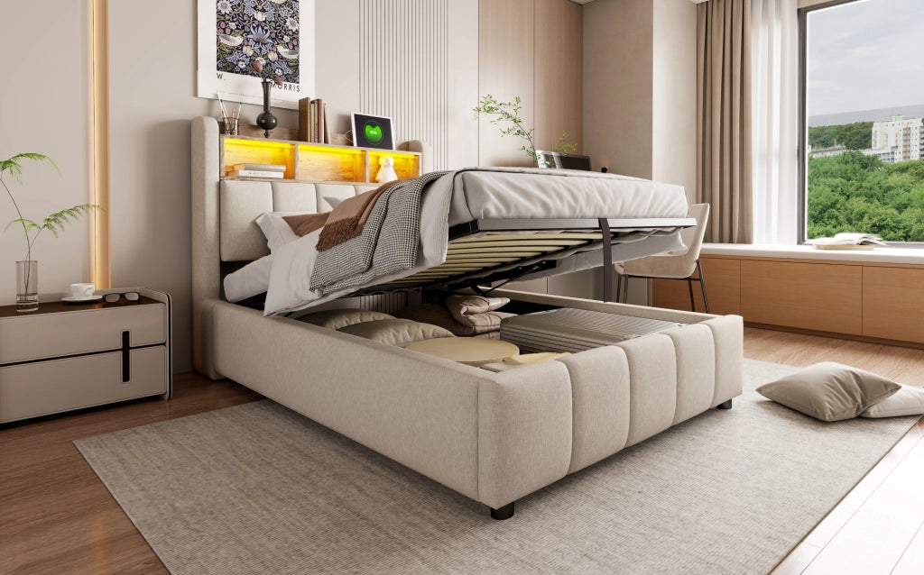 Letto imbottito 90x200 cm in lino beige con luce LED, porta USB e contenitore idraulico
