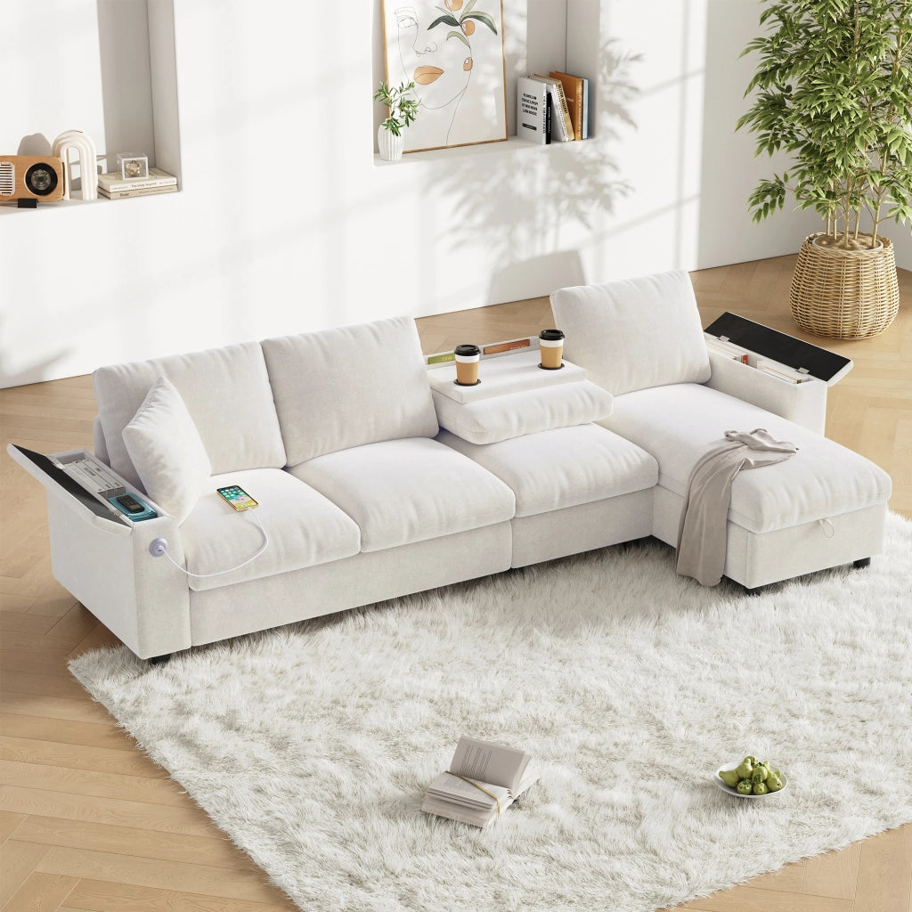 Divano angolare reversibile convertibile con vano contenitore, tavolino ribaltabile, tessuto Chenille Beige