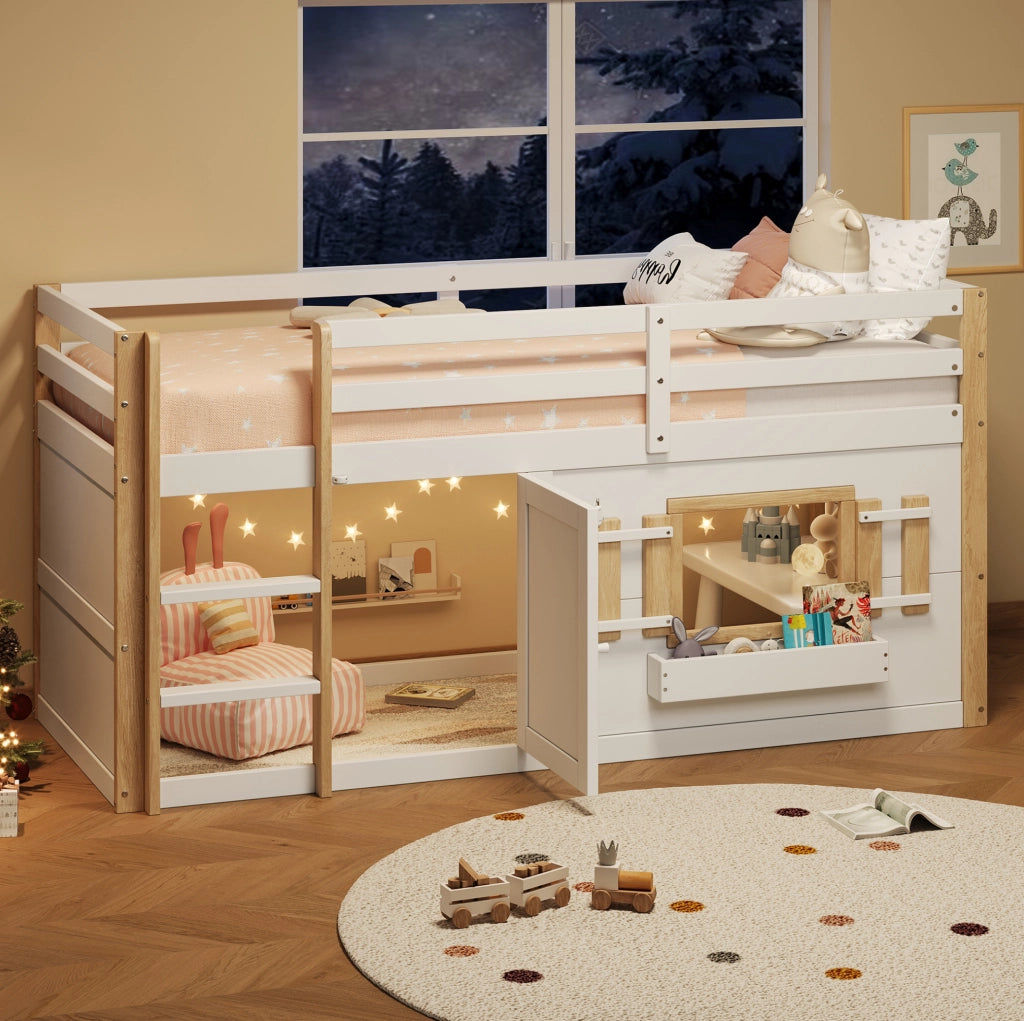 Letto a castello con area gioco inferiore; 90x200 cm; in legno massello e MDF; bianco