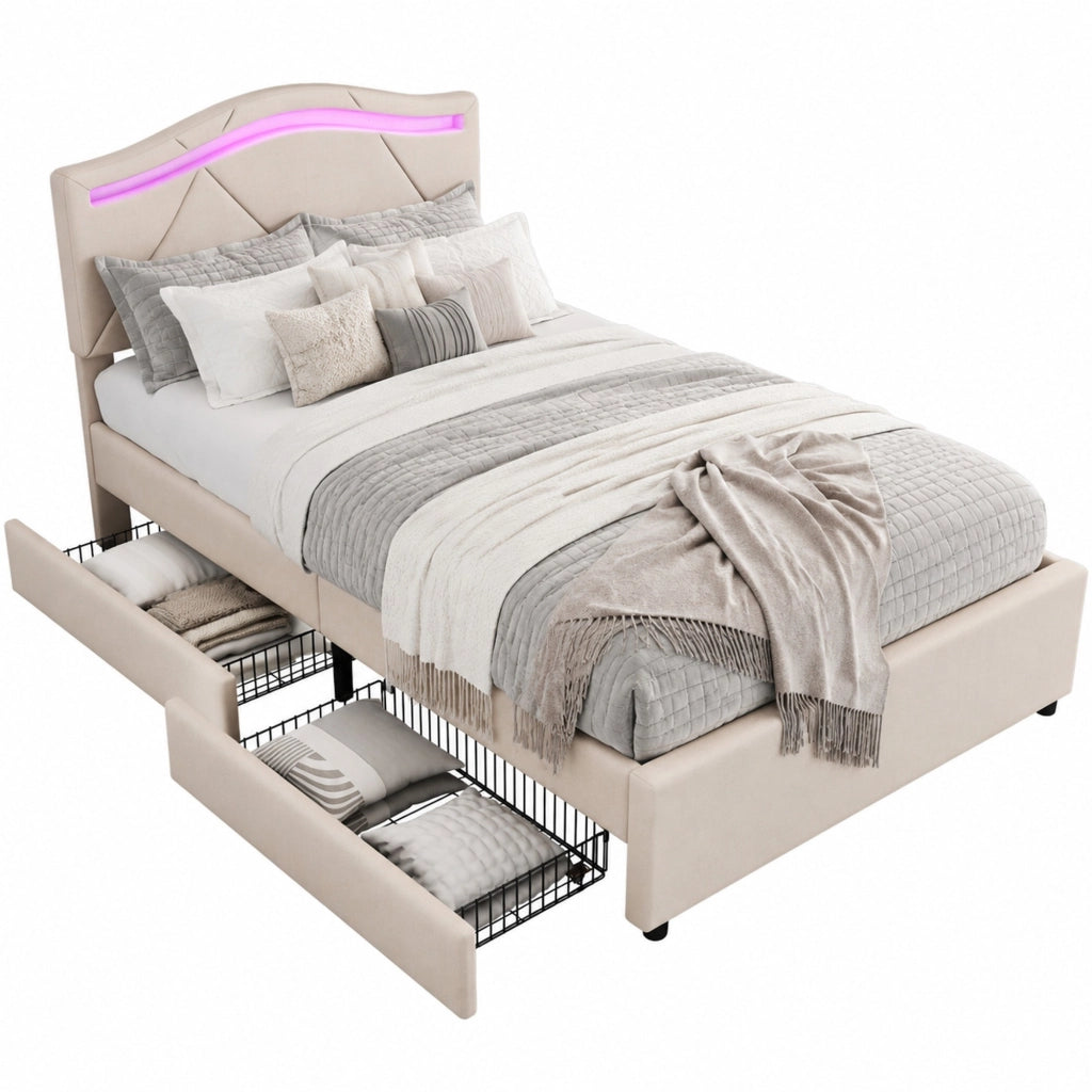 Letto imbottito minimalista 90x200 cm con cassetti, LED e rete a doghe