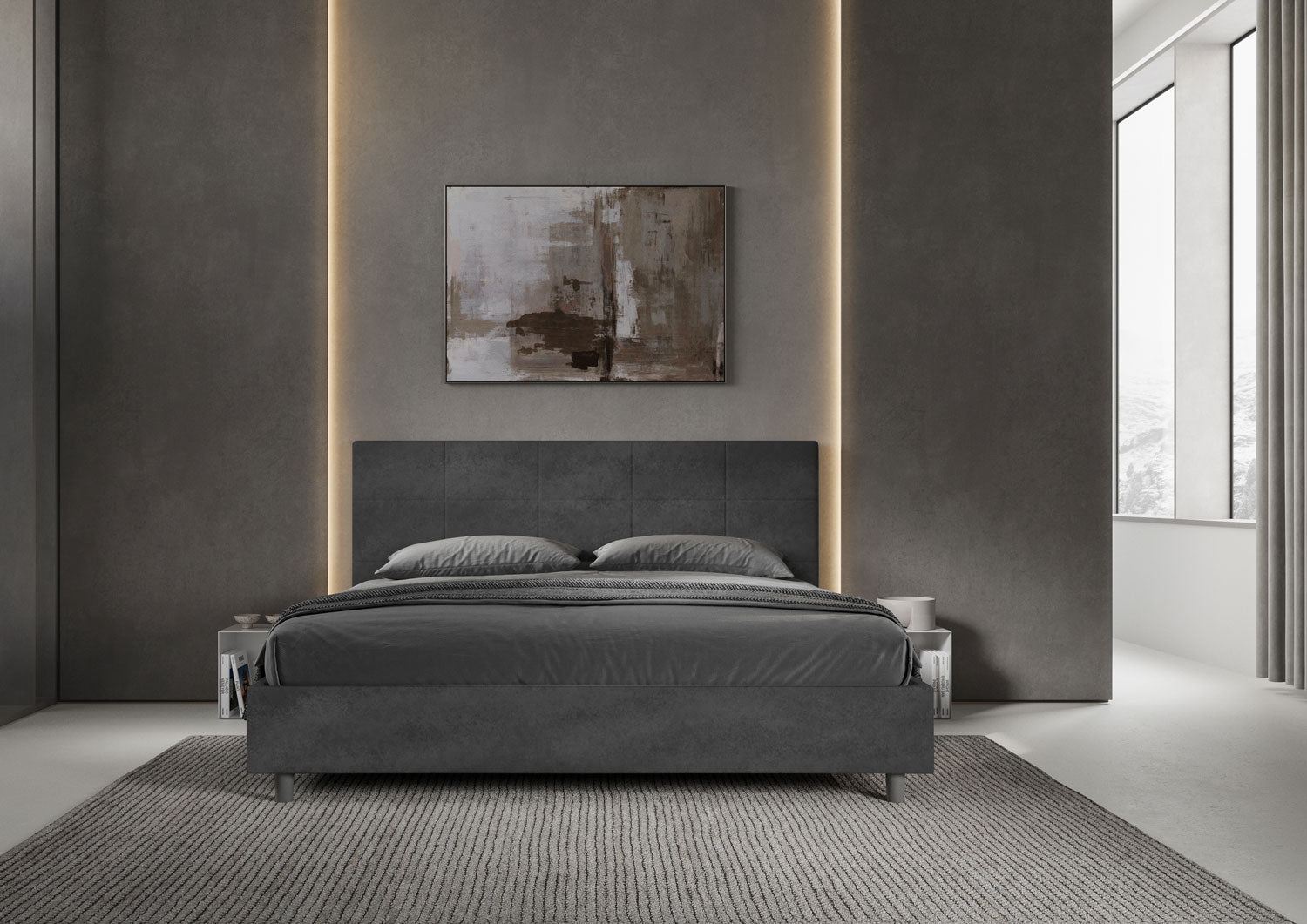 Letto Matrimoniale King Size 180x190 cm con Rete e Contenitore Imbottito in Microfibra Mika Grigio