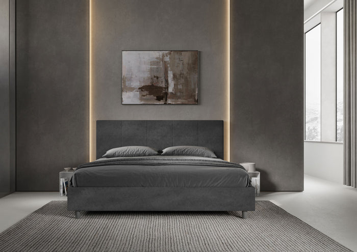 Letto Matrimoniale King Size 200x210 cm con Rete e Contenitore Imbottito in Microfibra Mika Grigio