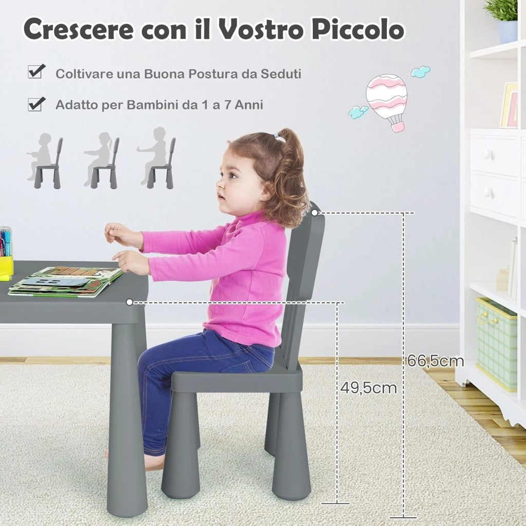 Set Tavolo e Sedie per Bambini 1-7 Anni, 2 Sedie Ergonomiche con Schienale, Materiale PP Atossico e Inodore, Angoli Arrotondati, Adatto per Giocare, Disegnare e Leggere, Portata 50kg (Grigio)
