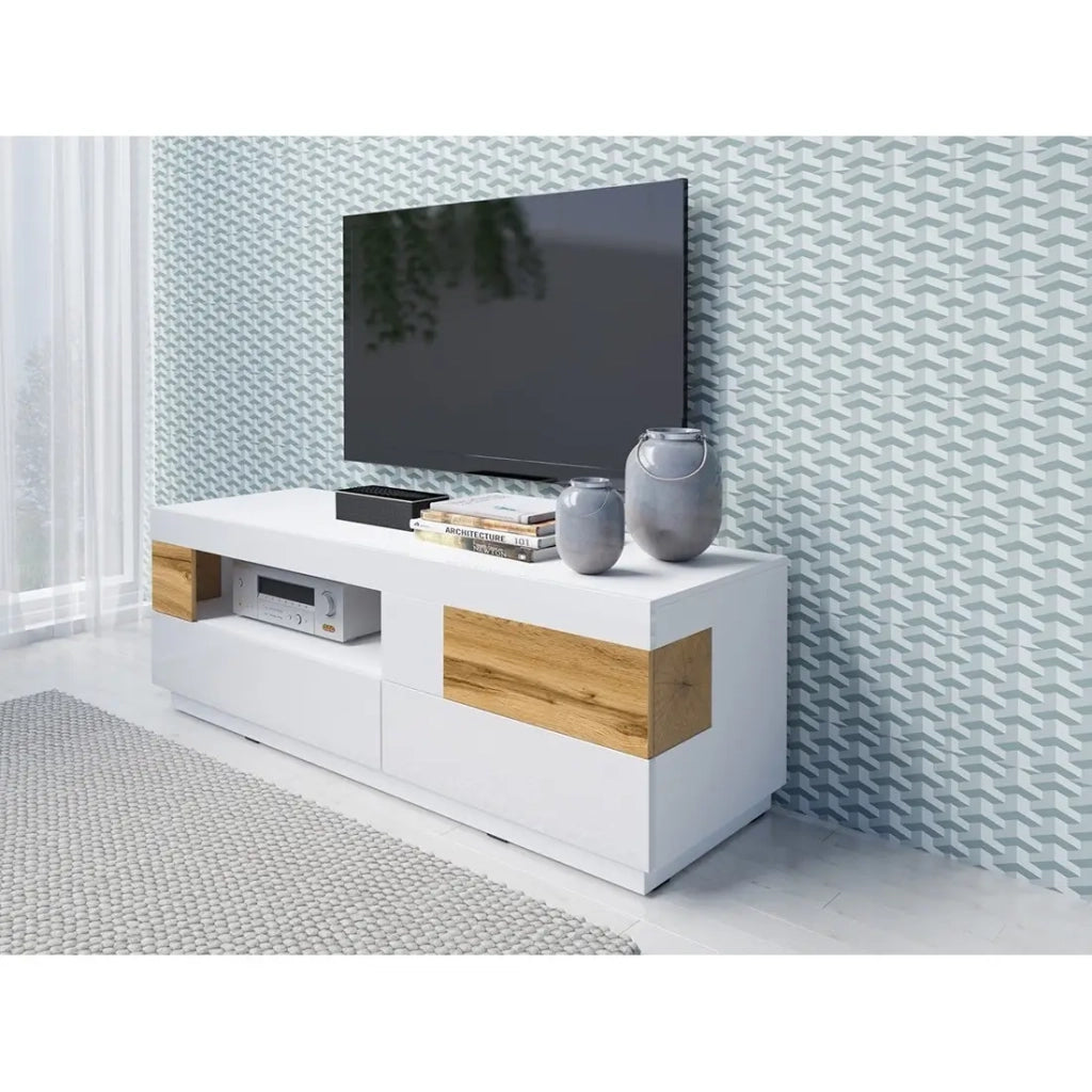 Mobile TV 160cm collezione KILES. Colori bianco e rovere. Stile design. LED integrato.