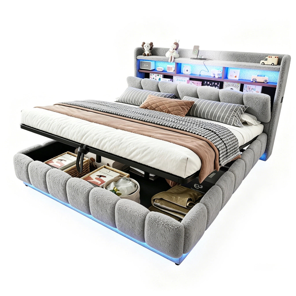 LETTO Contenitore idraulico 180x200 cm in tessuto boucl¨¦ grigio con LED e USB
