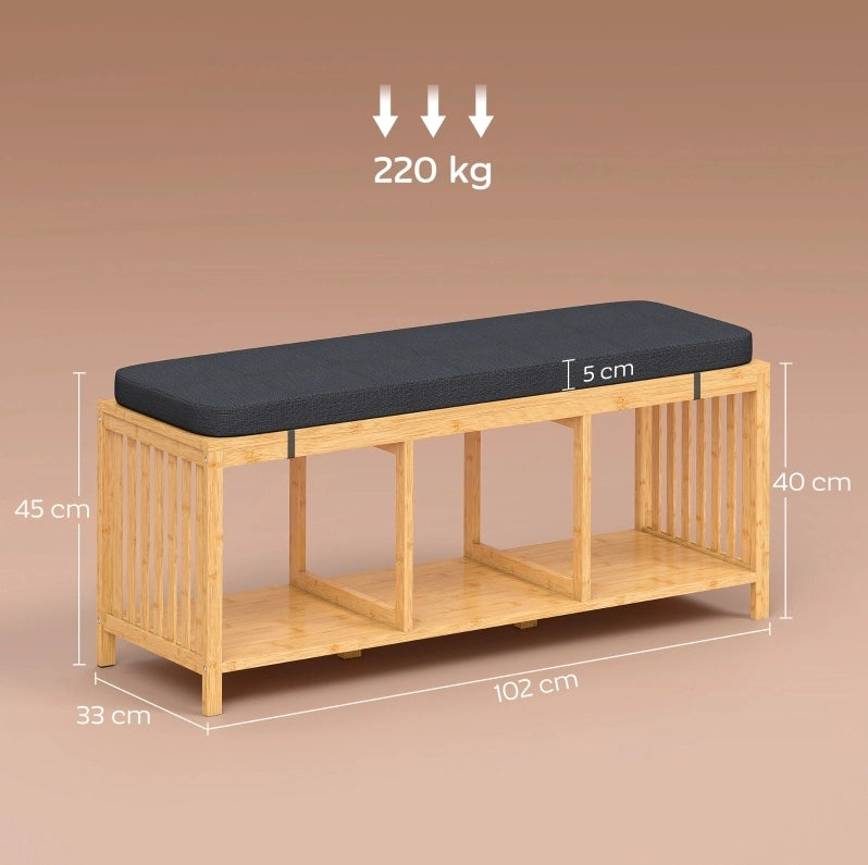 Panca portascarpe 102x33x45 cm in bambù naturale con cuscino imbottito e 3 vani,