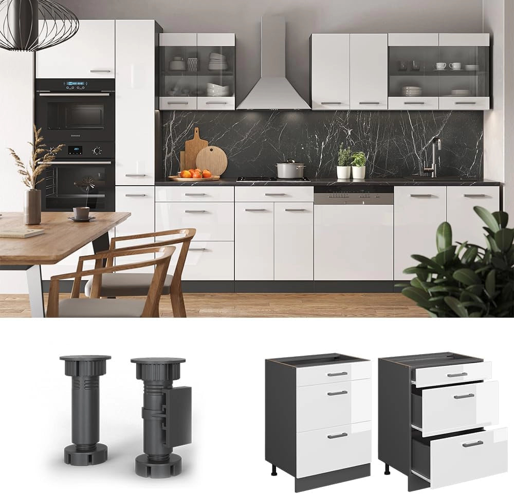Mobiletto base per cucina R-Line, Bianco lucido, 60 cm con cassetti, senza piano di lavoro, per la libera combinazione all'interno di sistemi cucina modulari