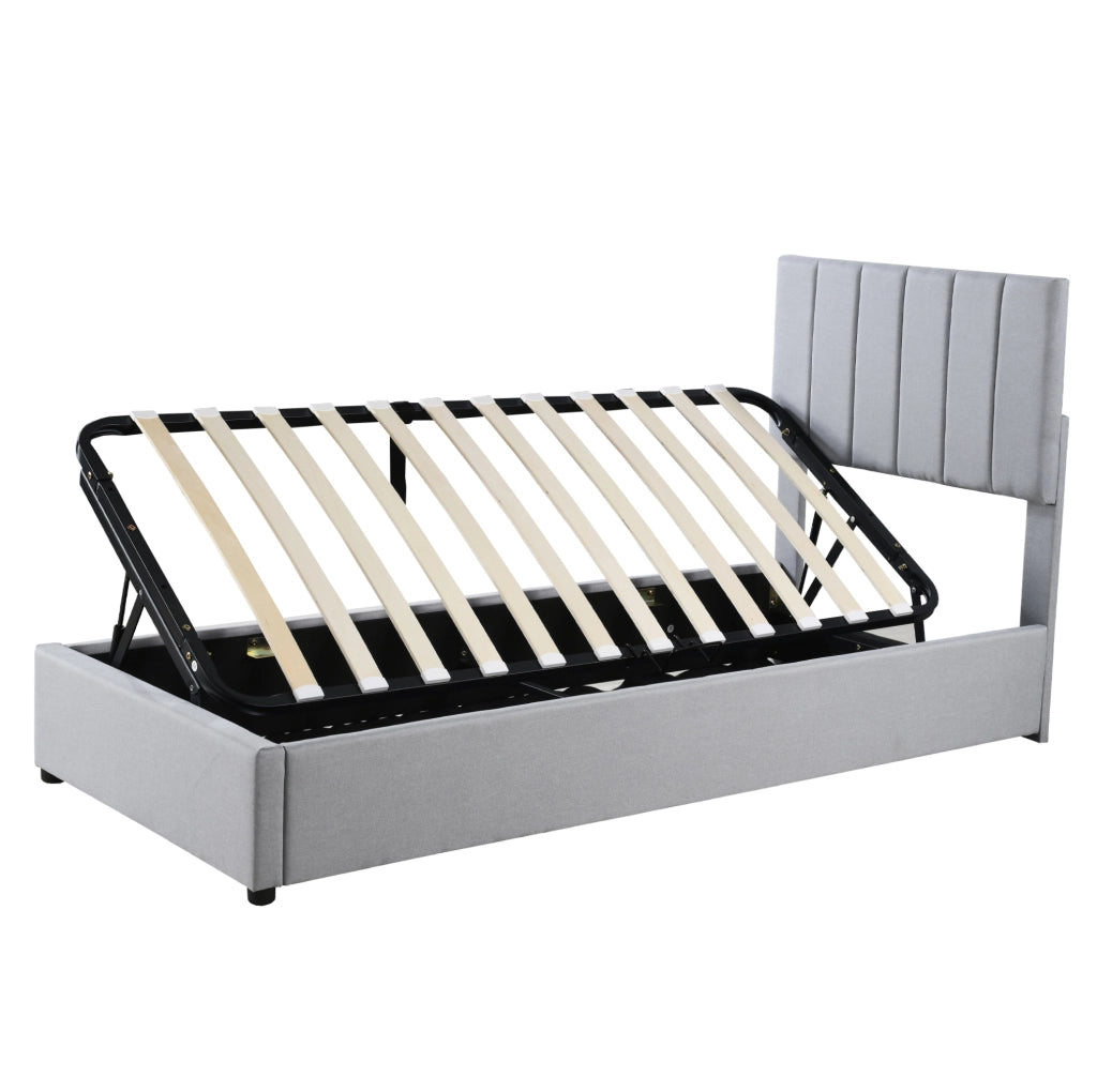 Letto contenitore 90x200 cm grigio in MDF, metallo e lino, senza materasso