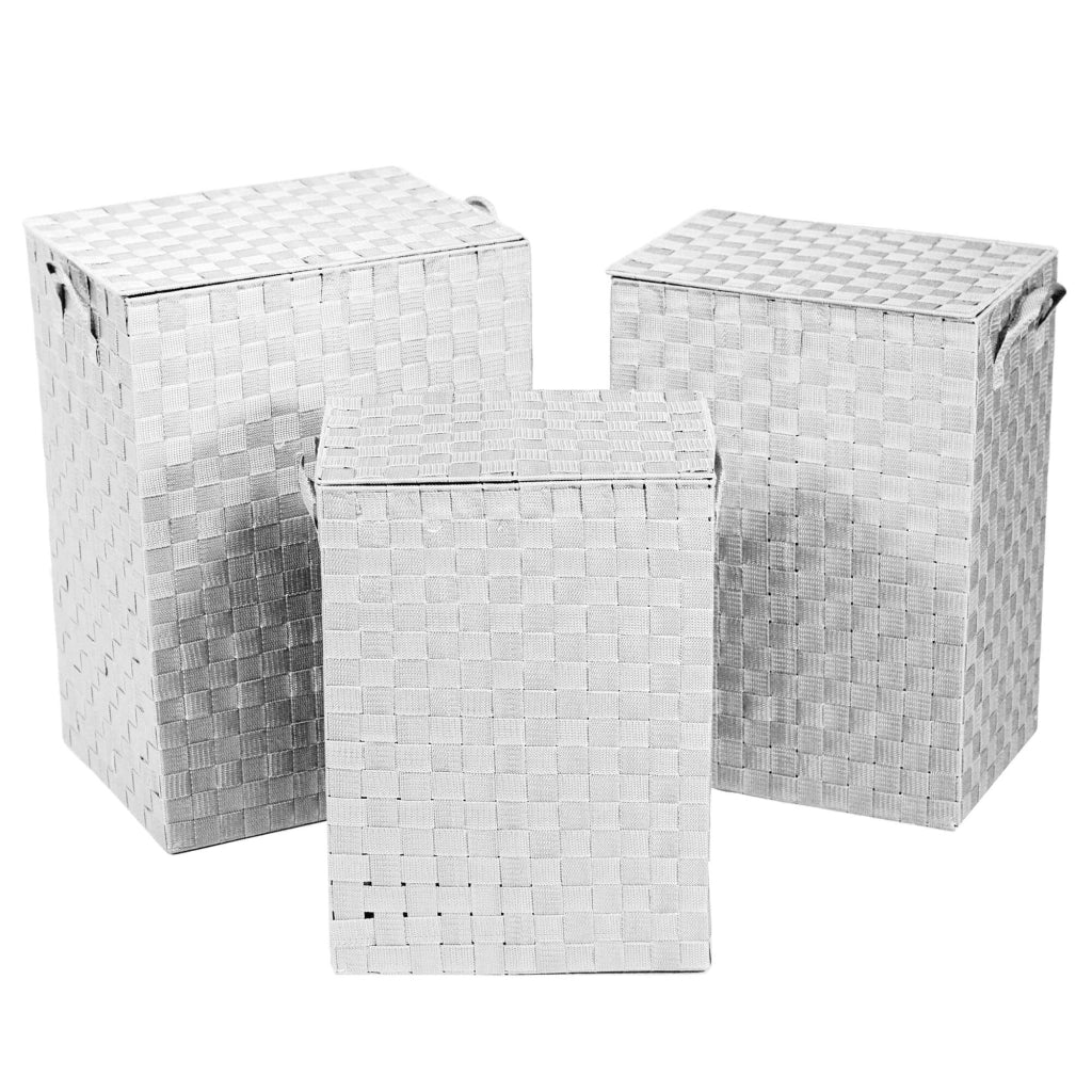 Set 3 Ceste Portabiancheria in poliestere bianco foderato rettangolare