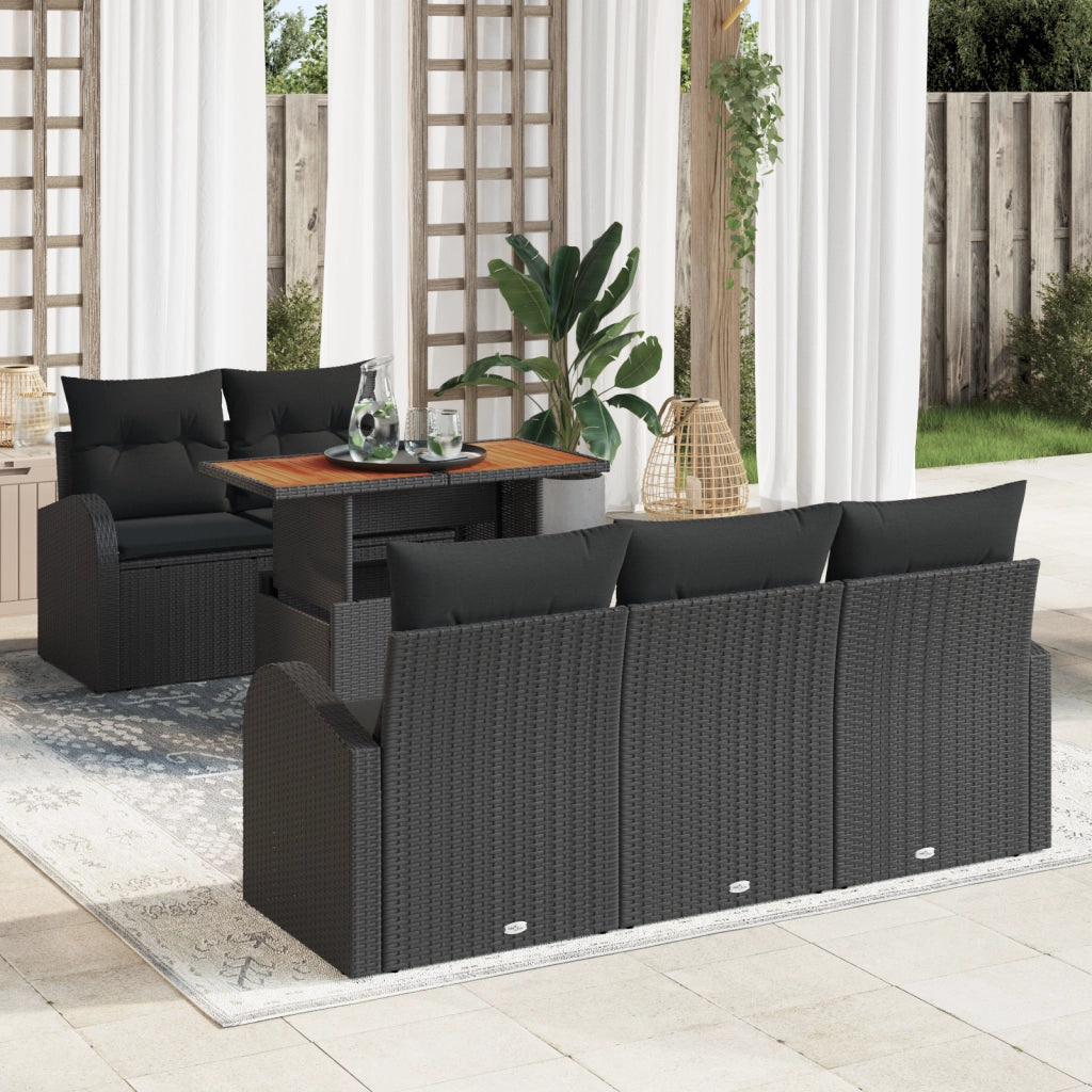 Set da Pranzo da Giardino 6 Pezzi con Cuscini Nero PE Rattan Acacia