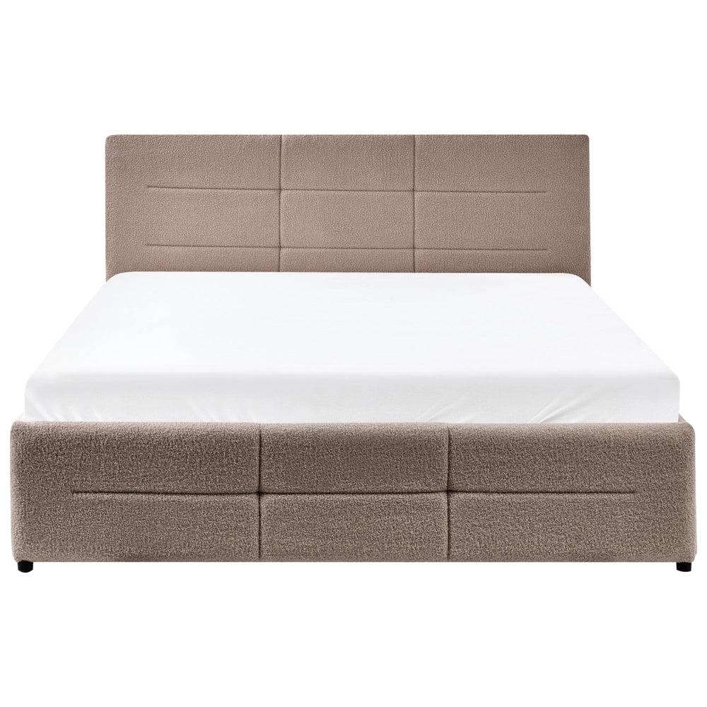 Letto ottomano tortora bouclé 140x200 cm con testiera sollevabile e base a doghe Design moderno