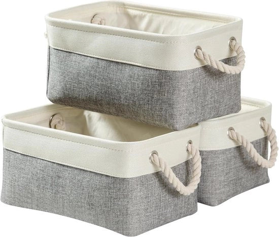 Set di 3 contenitori di stoffa in canapa per la conservazione - Grandi contenitori per armadi, cabine armadio, mensole, bagno - Contenitori per abbigliamento, giocattoli, asciugamani (riutilizzabile grigio-bianco)