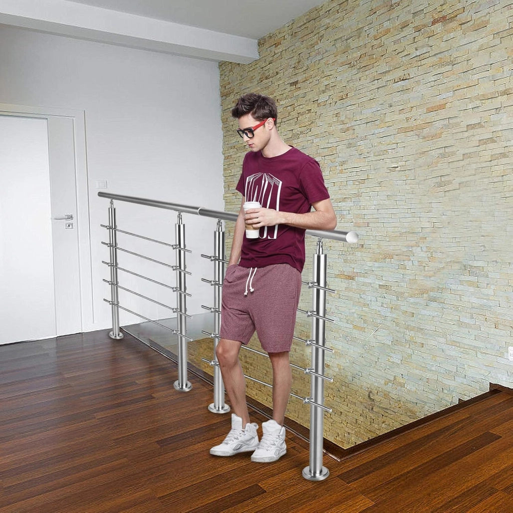 Corrimano per scale in acciaio inox, per esterni, 160 cm, parapetto con 2 montanti, per interni ed esterni, 5 barre trasversali