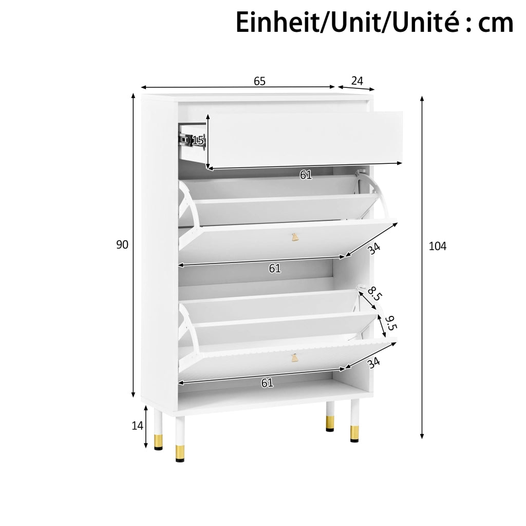 Scarpiera stretta con 1 cassetto e 2 vani ribaltabili, 4 piedi metallici, per ingresso, bianco, 65 × 24 × 104 cm