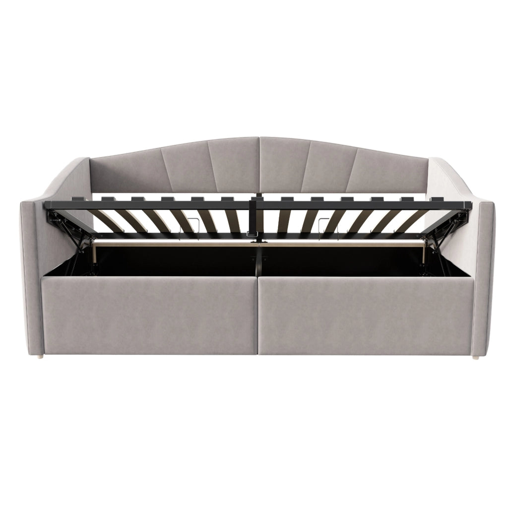 Divano letto imbottito con contenitore idraulico 90x200 cm; velluto; grigio chiaro