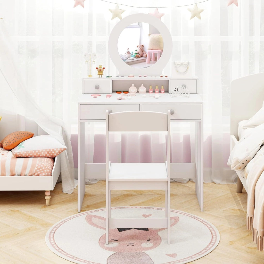 Set Toeletta Trucco per Bambina con Sedia a Schienane, Tavolo Trucco con Specchio Acrilico Rotondo, Postazione Trucco con 2 Cassetti Grandi e 2 Piccoli, per Bambine 3+ Anni, Bianco