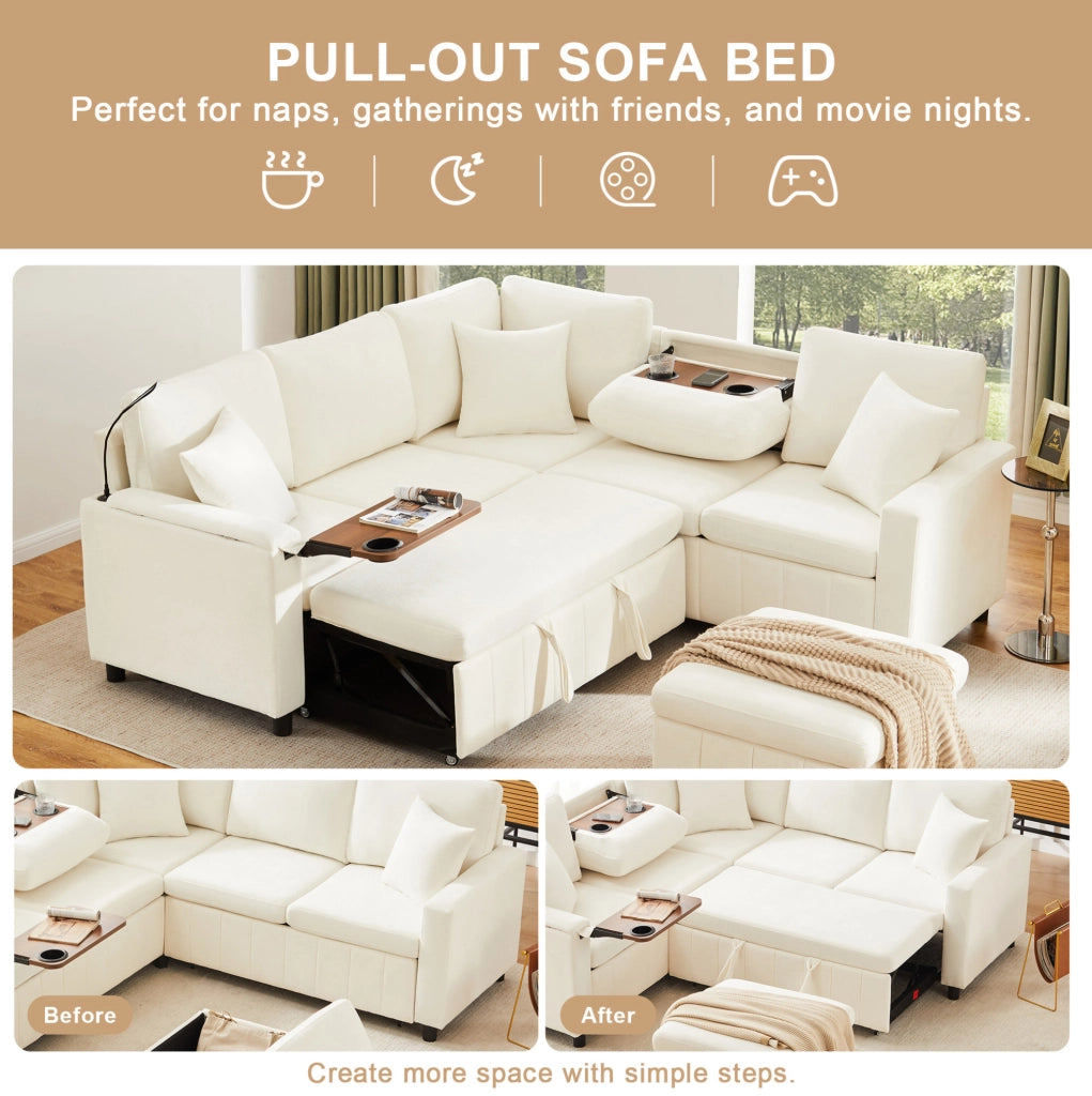 Divano angolare letto in ciniglia con pouf contenitore; USB e Type-C; beige