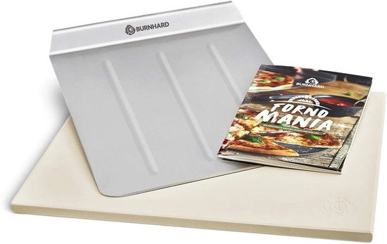 Piatto per pizza in cordierite 38 x 30 x 15 cm - rettangolare - per forno, grill a gas & grill a legna - inclusa spatola per pizza