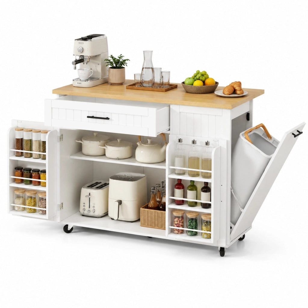 Isola da cucina con piano ribaltabile 130x70x93 cm in MDF bianco; con ruote e cassettone