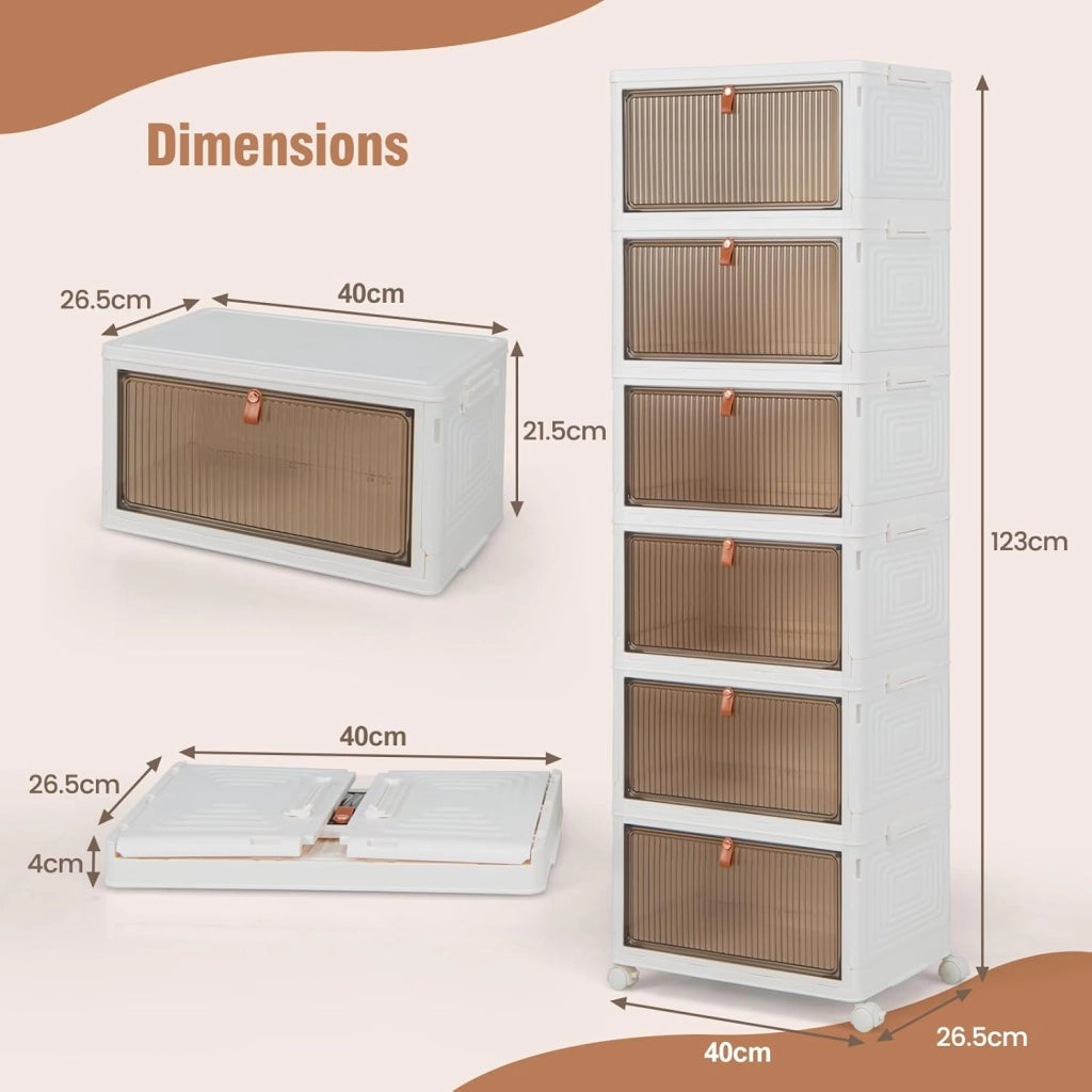 Scatola portaoggetti a 6 livelli, contenitore impilabile con coperchi e ruote, scatola organizer trasparente, scatola pieghevole per camera da letto, soggiorno, 40 x 27,5 x 123 cm (6