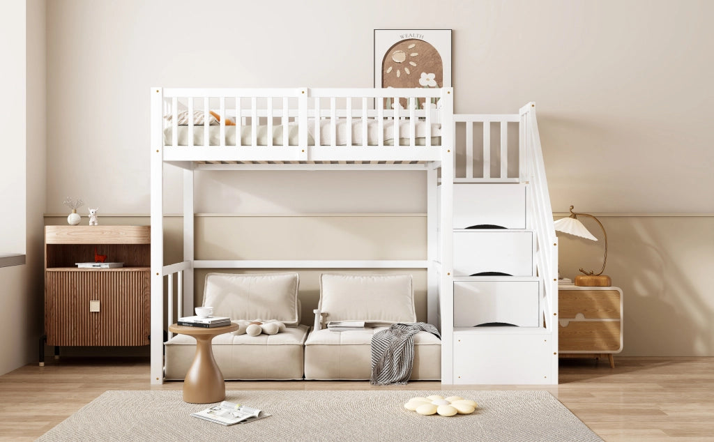 Letto a soppalco 90x200 cm con scala contenitore; legno; bianco (Senza materasso)