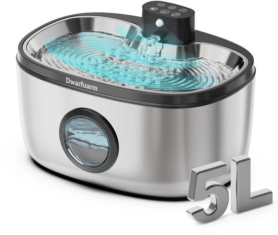 Fonte per cani da 5L, fonte per cani in acciaio inossidabile con sensore LED, fonte per gatti a batteria senza fili con 4000 mAh, filtrazione a 4 livelli