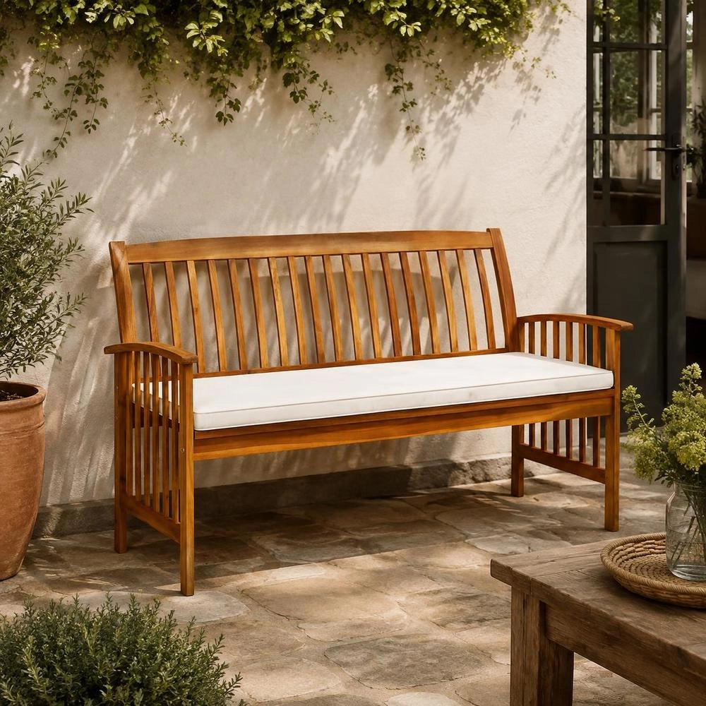 Garden Bench With Cushions, 147 Cm, Solid Acacia Wood