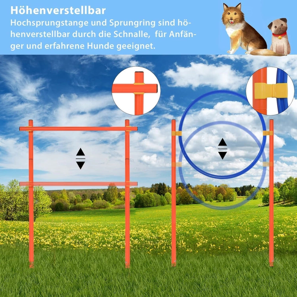 Agility Set di attrezzature per cani, giochi di addestramento per cani, accessori con ostacolo Agility, anello di salto, tunnel per cani, aste slalom, box pausa e borsa per il trasporto per