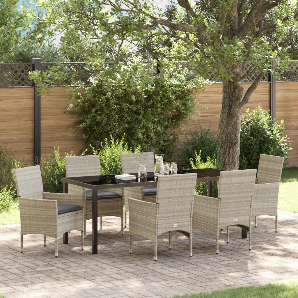 Set da Pranzo da Giardino a 7 Pezzi con Cuscini Grigio Chiaro Polyrattan