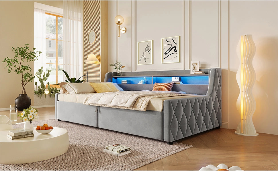 DESMIU Letto contenitore 1 posto con LED e vano 90 × 200 cm, senza materasso, in flanella, grigio