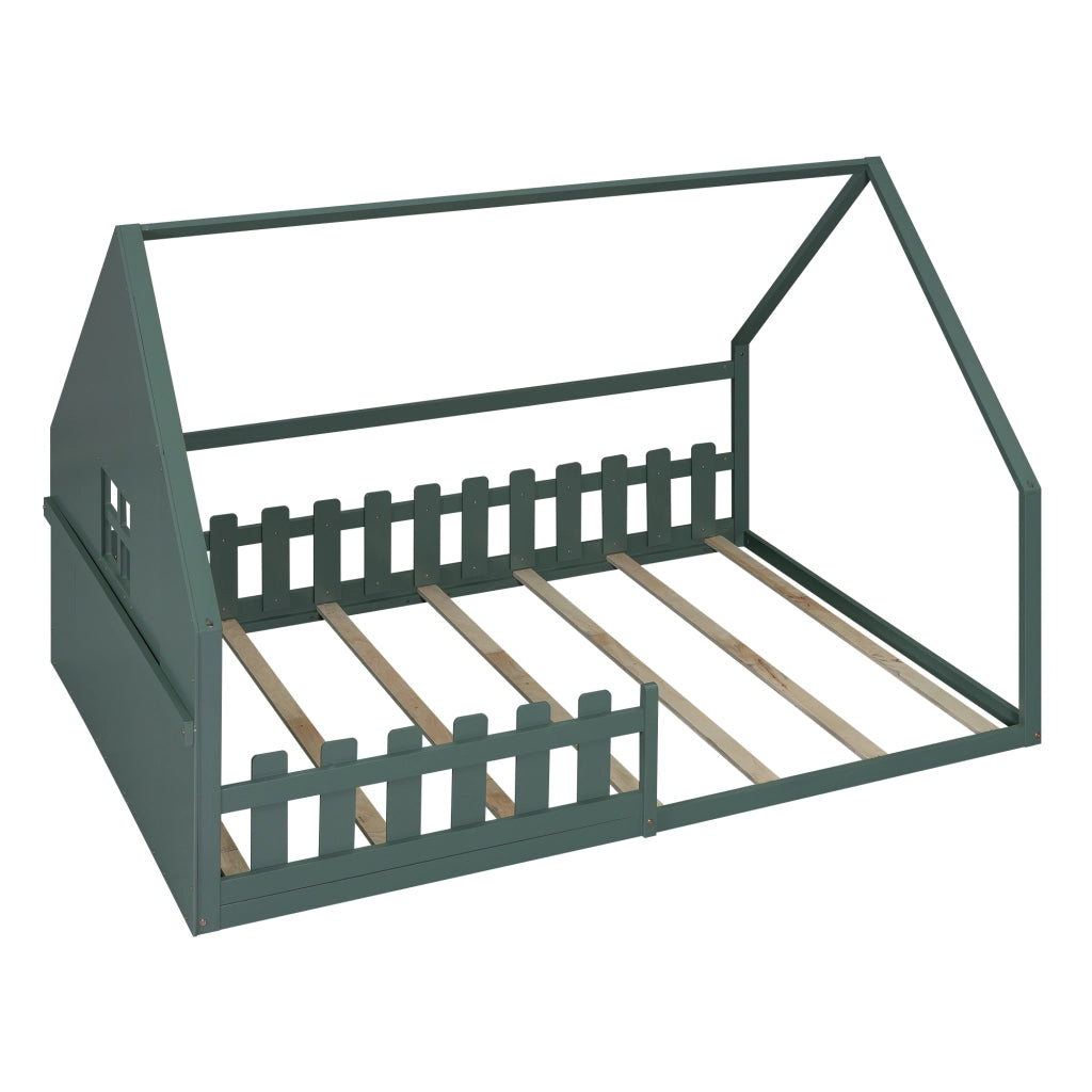 Letto a Casetta 140×200 cm; Letto 2 Posti con Sponda; per Bambini; senza Materasso; in Pino e MDF; Verde