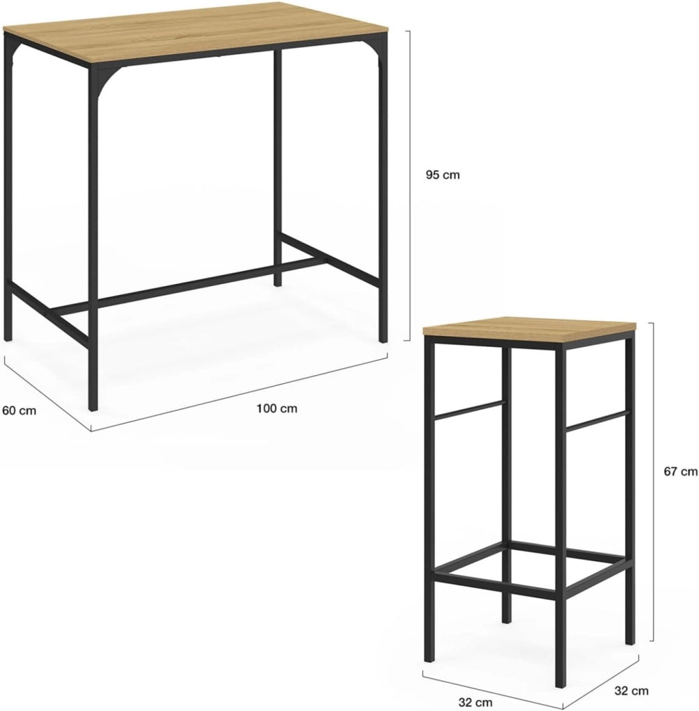 DETROIT Tavolo da bar alto 100 cm e 4 sgabelli in metallo e legno nero - design industriale