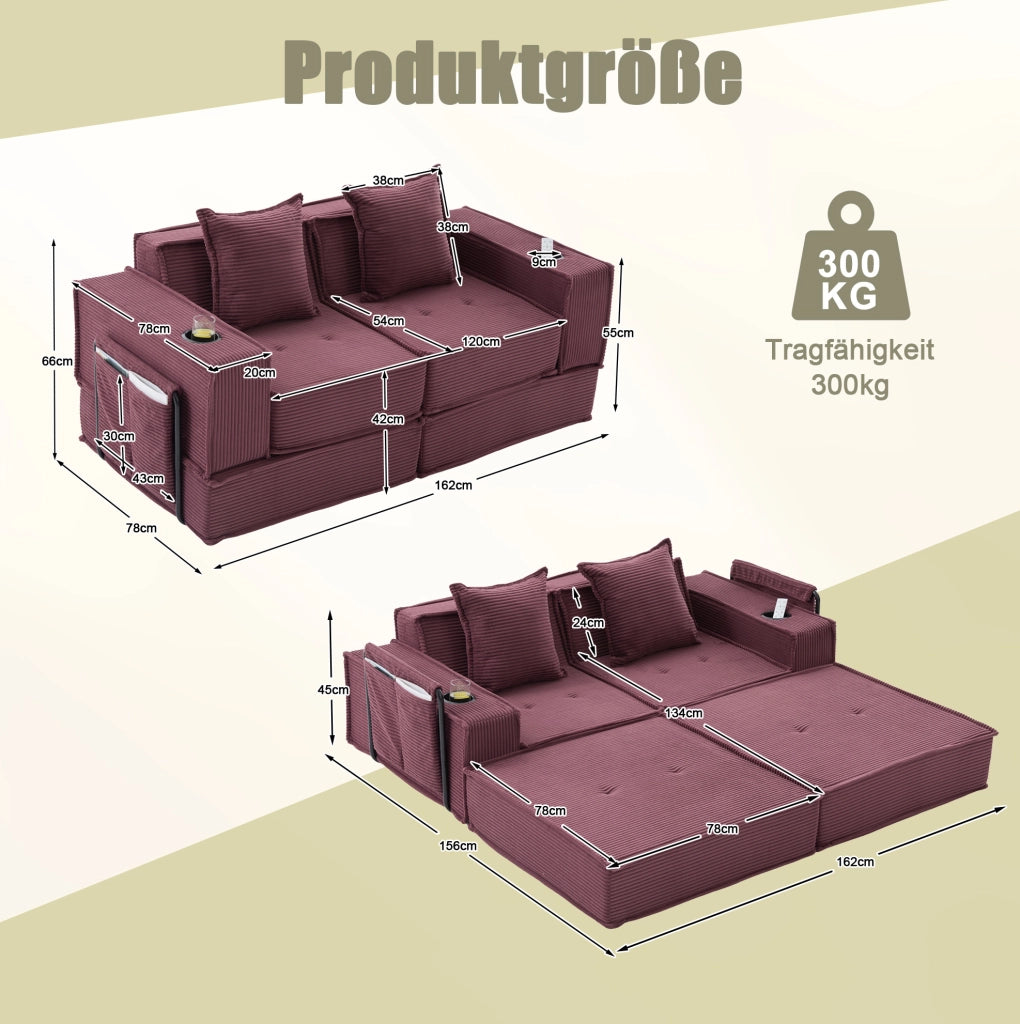 Pouf divano modulare in velluto a coste; 162x78x66 cm; rosso vino