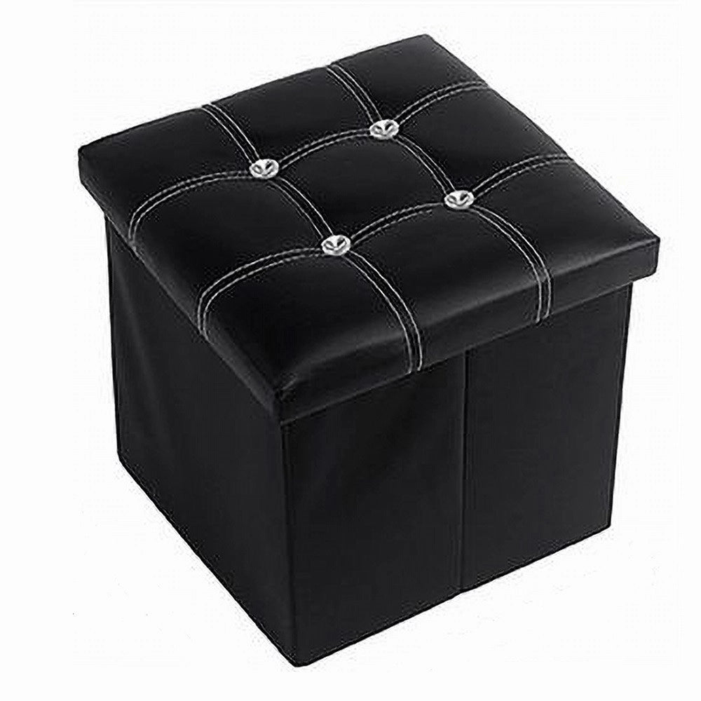 Trade Shop - Pouff Puff Pouf Contenitore Imbottito Portaoggetti Nero Strass 38x38x35 Cm 79435 -