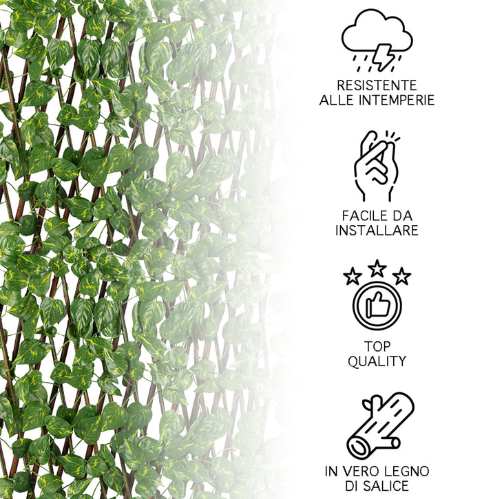 Siepe Artificiale Legno Salice Naturale Con Foglie Edera Finta Traliccio Estensibile 1 x 2 Mt Divisorio Ringhiera Frangivento Frangivista