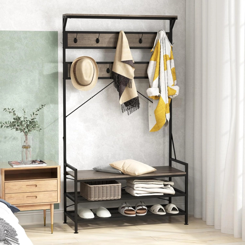 4 in 1 Appendiabiti da Ingresso, Armadio con Panca per Scarpe Scarpiera a 2 Ripiani, Struttura in Metallo e Kit Antivibrazione, 102 x 40 x 184 cm (Grigio)