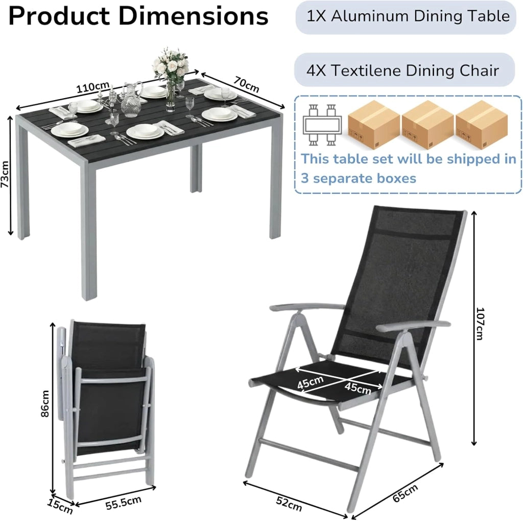 Set di 5 Mobili da Giardino in Alluminio, Tavolo Rettangolare 110x70 cm + 4 Sedie Pieghevoli Regolabili, Resistente alle Intemperie, Arredamento per Terrazza, Balcone e Esterno, Grigio Argento