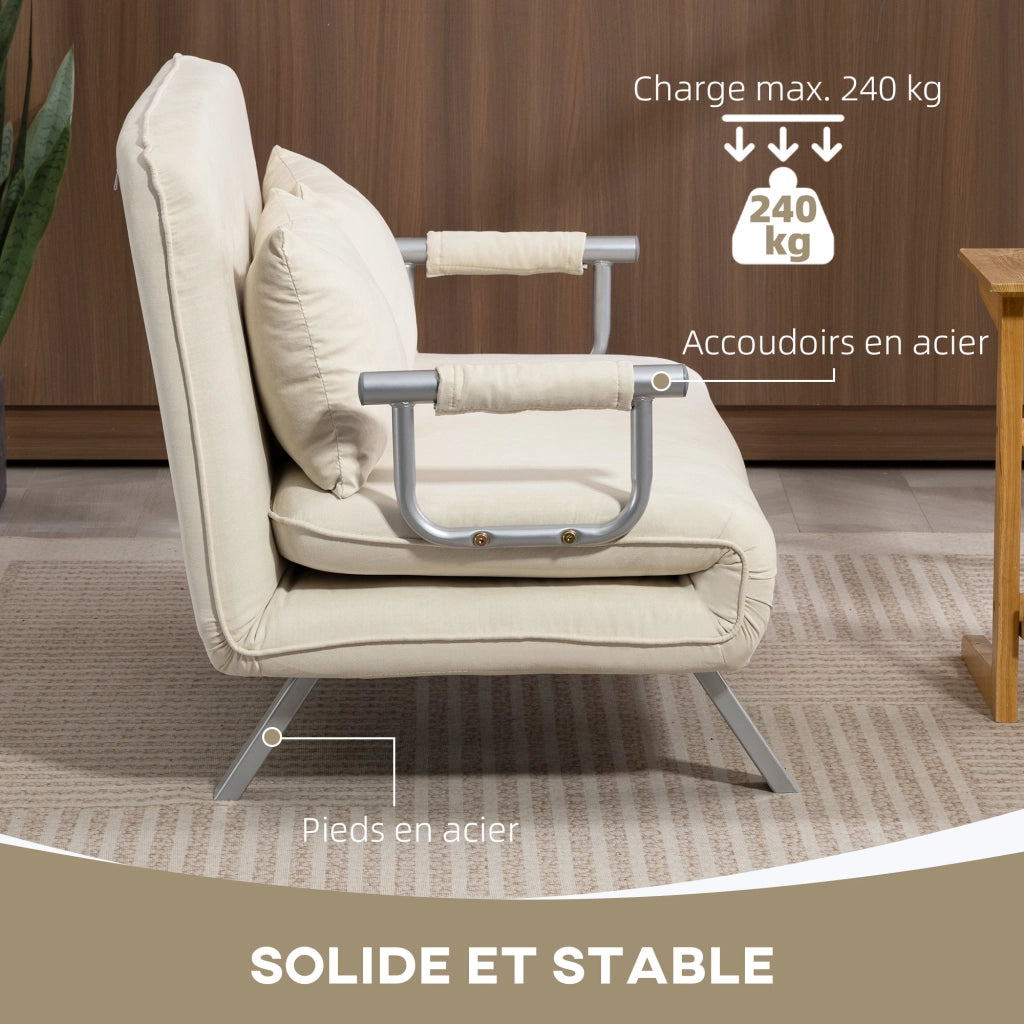 Divano letto 2 posti con schienale regolabile e 2 cuscini ¨C zephmum ¨C beige similpelle