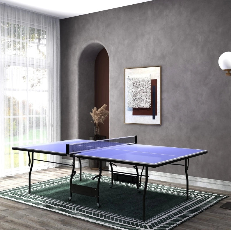 Tavolo da tennistavolo pieghevole blu con rete e accessori