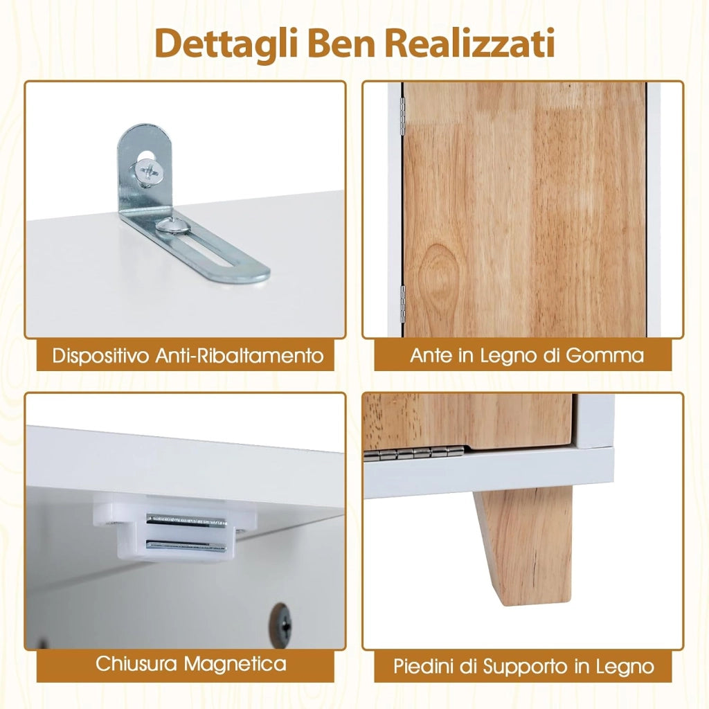 Mobile da Bagno, Armadio Salvaspazio per Biancheria con Cestello Inclinabile, Ante in Legno in Gomma, 3 Ripiani e Cesta Porta Biancheria Rimovibile, Ideale per Soggiorno e Cucina