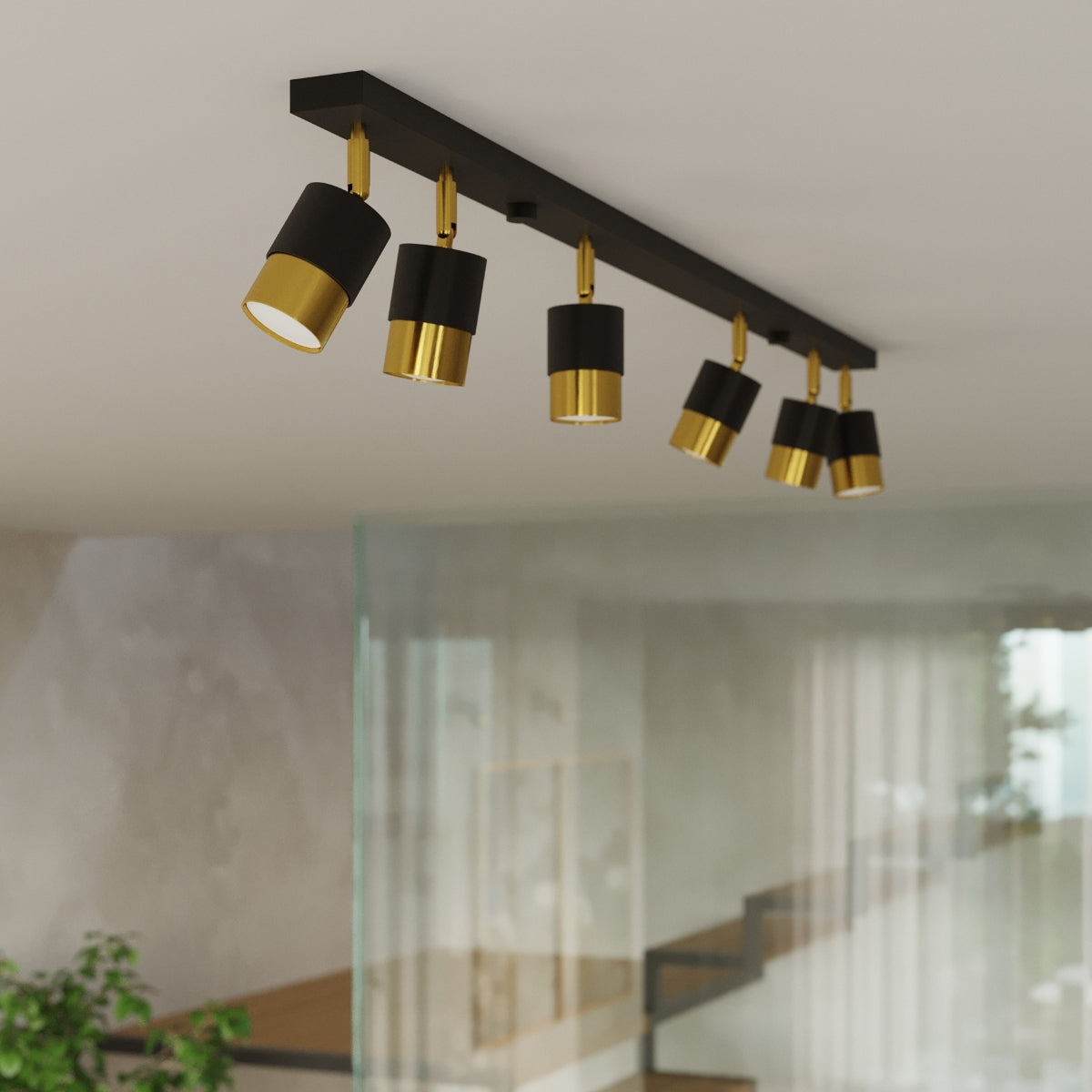 Lampada da soffitto a LED moderna in acciaio nero e oro regolabile a 4 luci Nero