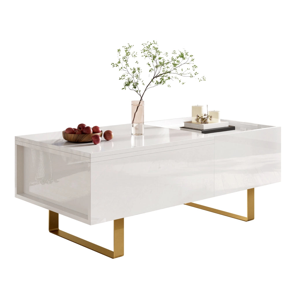 Tavolino da caffè elevabile con vano contenitore e cassetto; 100x50x54;5 cm; MDF bianco